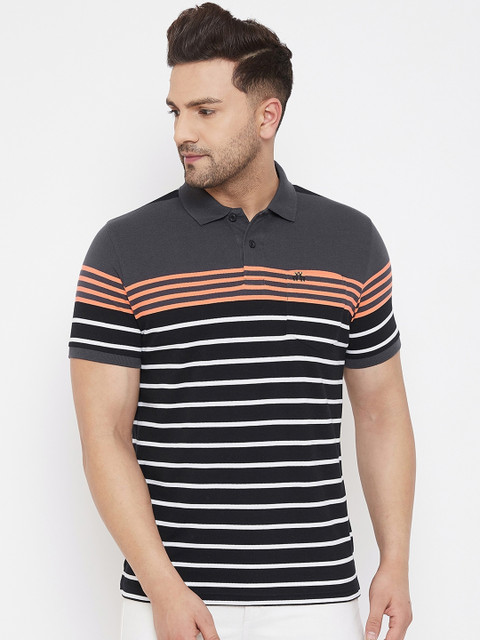 

98 Degree North Men Grey Striped Polo Collar T-shirt