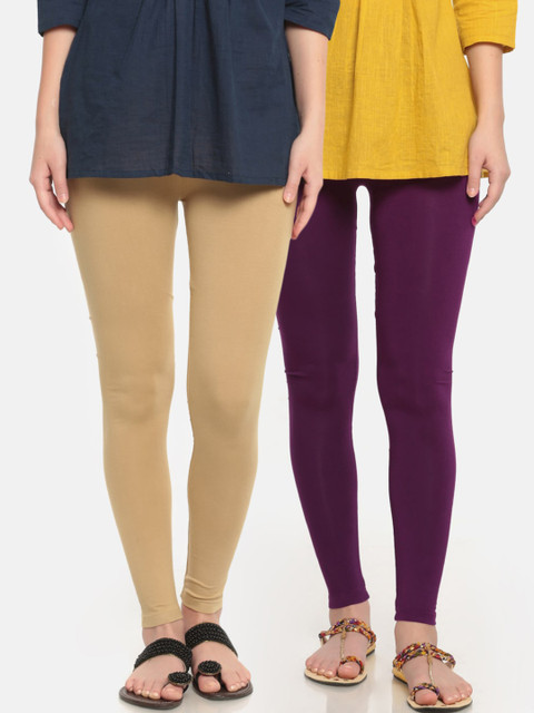 

De Moza Women Pack Of 2 Nude & Purple Solid Ankle-Length Leggings