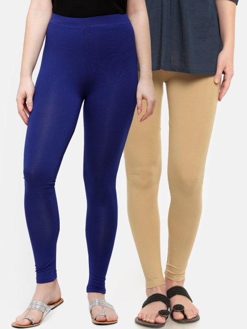 

De Moza Women Pack Of 2 Blue & Beige Solid Ankle-Length Leggings, Nude