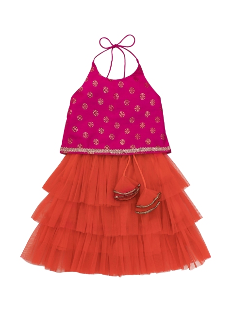 

The Magic Wand Girls Fuchsia & Orange Printed Top with Skirt