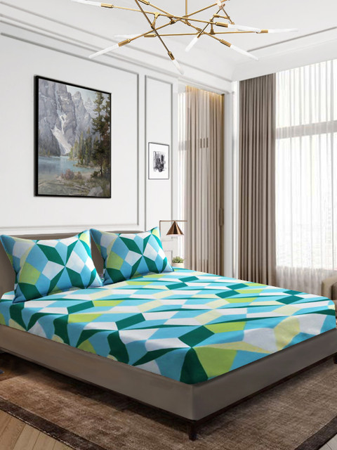

Aura Turquoise Blue & Teal Geometric 144 TC Cotton 1 Queen Bedsheet with 2 Pillow Covers