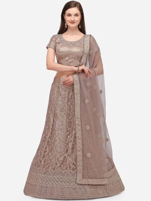 

V SALES Taupe & Brown Embroidered Semi-Stitched Lehenga & Unstitched Blouse with Dupatta