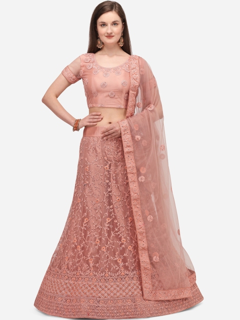 

V SALES Peach-Coloured & Orange Embroidered Semi-Stitched Lehenga & Unstitched Blouse with Dupatta
