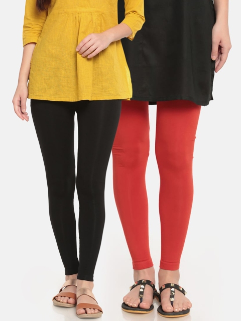 

De Moza Women Pack Of 2 Black & Red Solid Ankle-Length Leggings