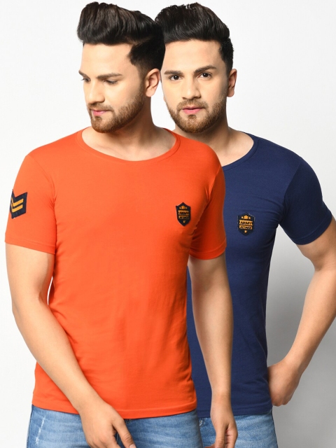 

ELEGANCE Men Pack Of 2 Orange & Navy Blue Solid Round Neck T-shirt