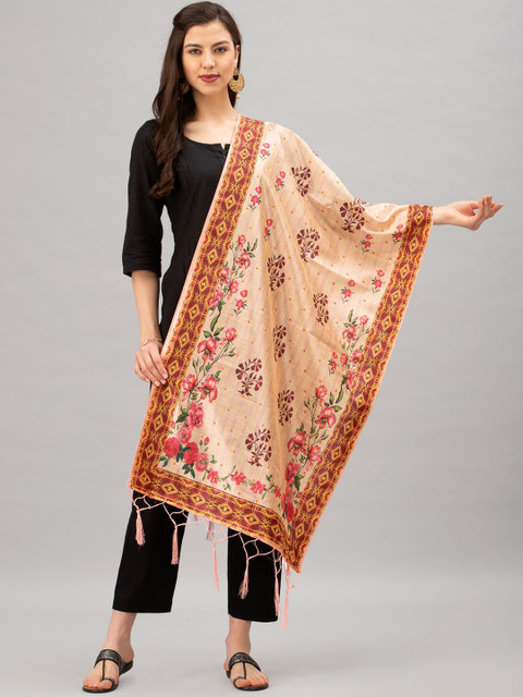 

Satrani Cream-Coloured & Pink Printed Dupatta