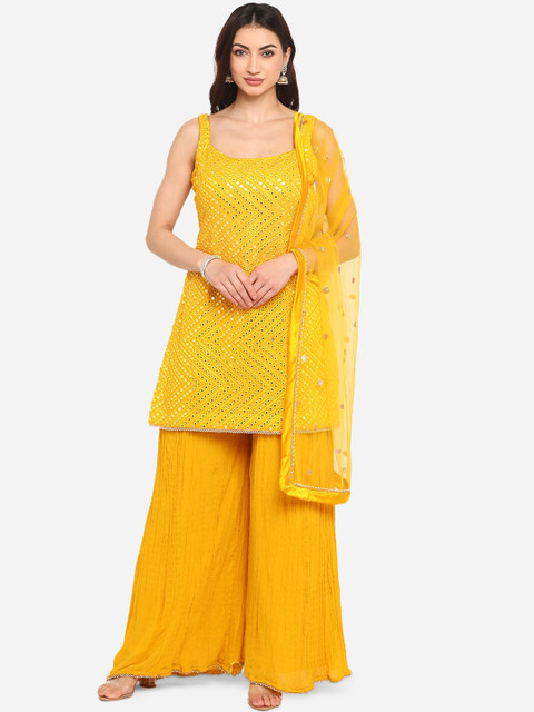 

BOMBAY SELECTIONS Women Mustard Embroidered Kurta with Palazzos & Dupatta