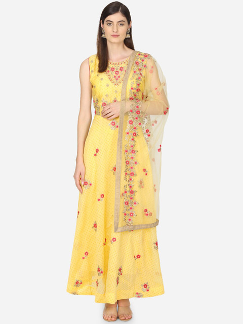 

BOMBAY SELECTIONS Women Yellow Embroidered Kurta with Salwar & Dupatta