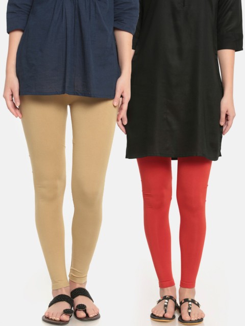 

De Moza Women Pack Of 2 Nude-coloured & Red Solid Ankle-Length Leggings