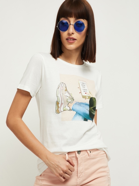 

max Women White Printed Round Neck Cotton Pure Cotton T-shirt