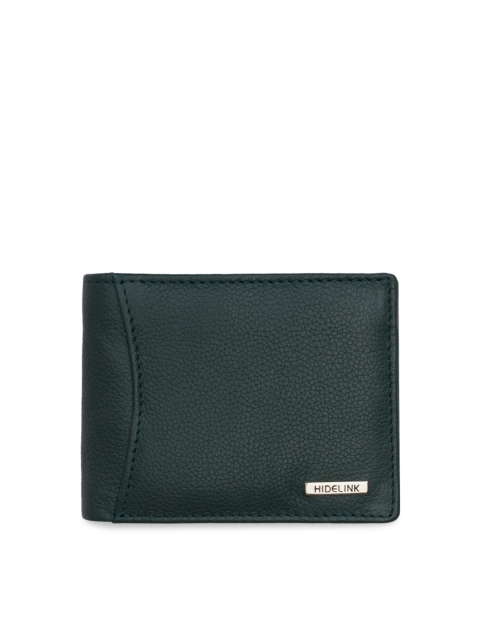 

Hidelink Men Green Solid RFID Leather Two Fold Wallet