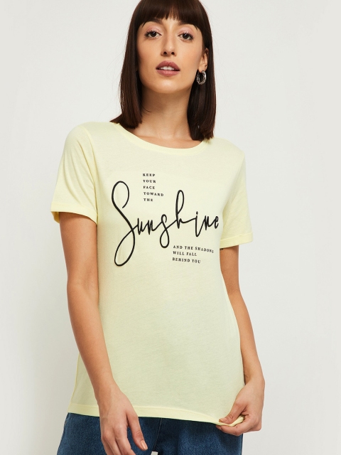 

max Women Yellow Printed Round Neck T-shirt
