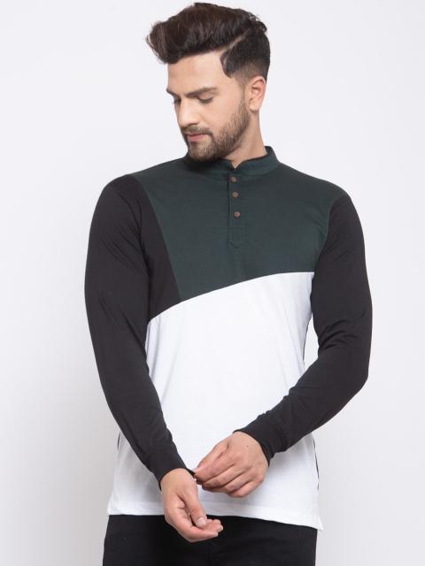 

Kalt Men Black & Green Colourblocked Mandarin Collar T-shirt