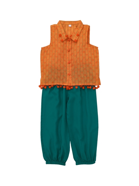 

The Magic Wand Girls Orange & Teal Self Design Top with Dhoti Pants