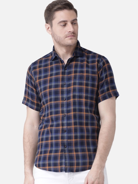 

Zeal Men Navy Blue & Brown Regular Fit Checked Pure Cotton Casual Shirt
