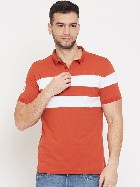 

QUBIC Men Orange & White Striped Polo Collar T-shirt