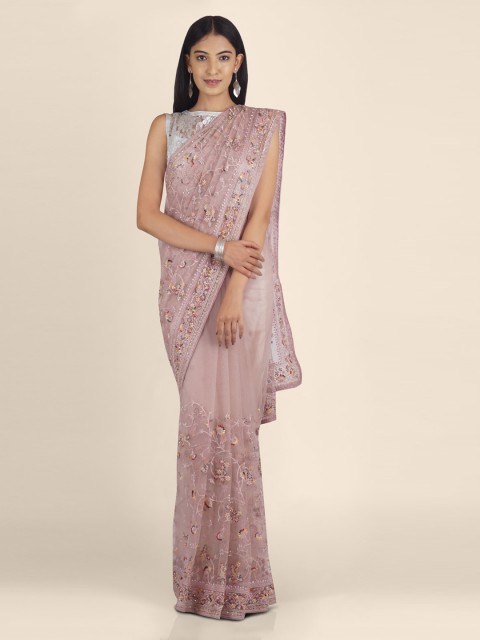 

KAJREE Lavender Embroidered Net Saree