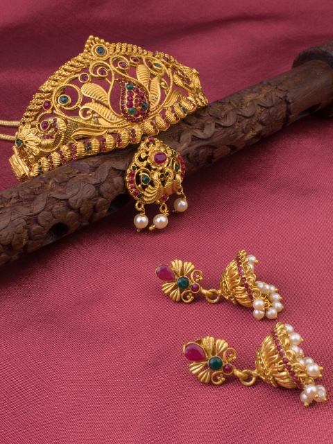 

Alankruthi Gold-Plated Green & Pink Stone Studded & Beaded Temple Jewellery Set