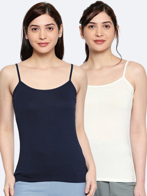 

inocenCia Women Pack Of 2 White & Navy Blue Solid Camisoles
