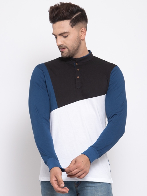 

Kalt Men Blue & White Colourblocked Mandarin Collar T-shirt
