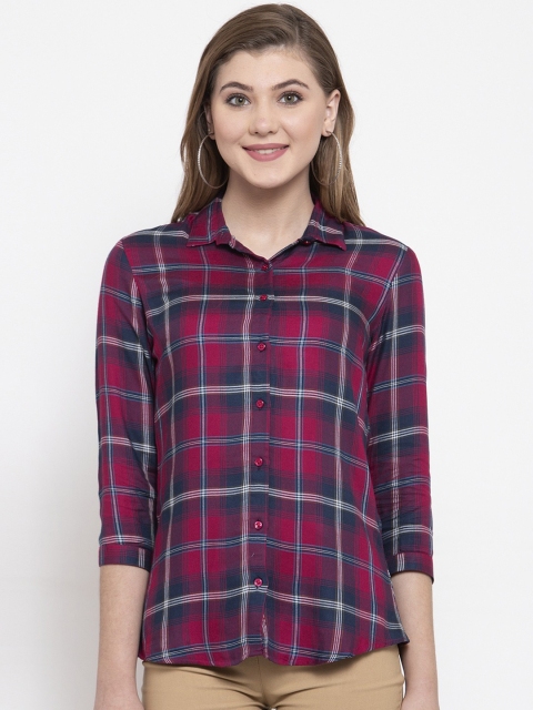

Hancock Women Navy Blue & Magenta Slim Fit Checked Casual Shirt