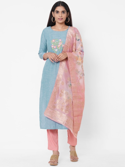 

FASHOR Women Blue Printed Kurta with Churidar & Dupatta
