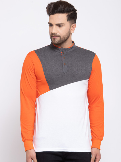 

Kalt Men Orange & White Colourblocked Mandarin Collar T-shirt