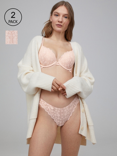 

H&M Women 2-pack Peach Self Design Lace Brazilian Briefs 0952925003