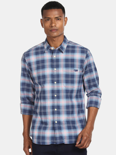 

Aeropostale Men Blue & Pink Regular Fit Checked Cotton Casual Shirt