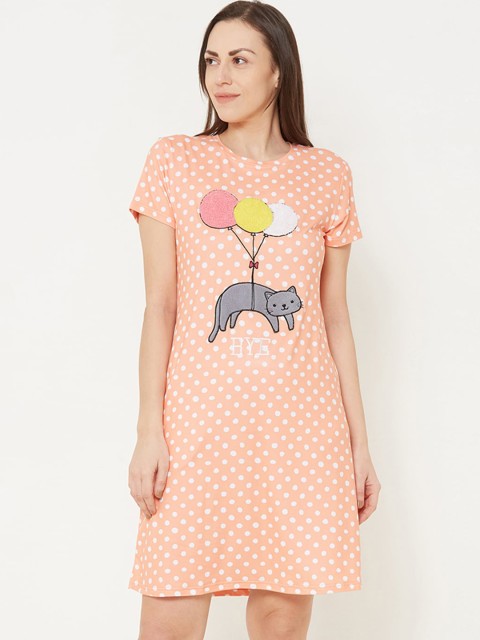 

Sweet Dreams Peach-Coloured & White Printed Nightdress Nightdress