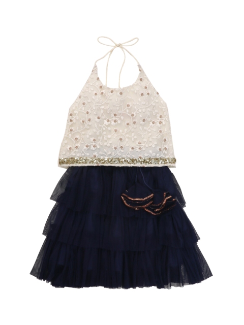 

The Magic Wand Girls Off-White & Navy Blue Embellished Top with Skirt