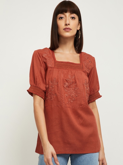 

max Rust Floral Embroidered Puff Sleeves Regular Top