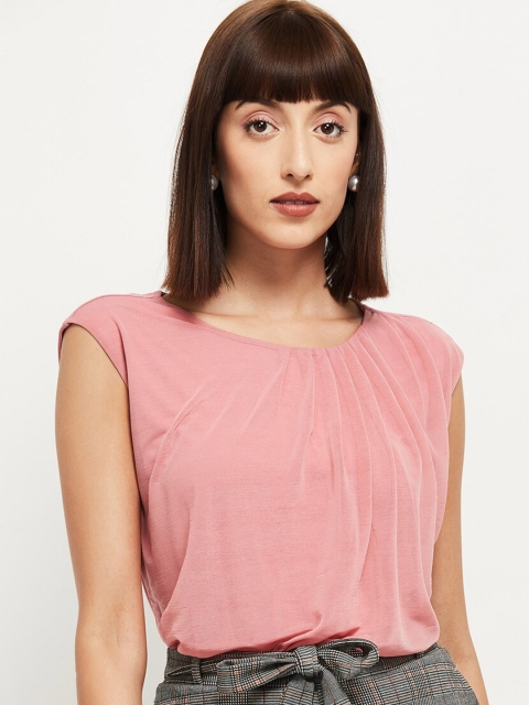 

max Women Pink Solid Round Neck Regular Top