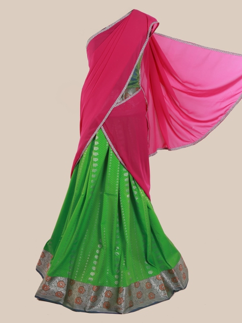 

Pothys Pink & Green Poly Chiffon Solid Traditional Half Saree