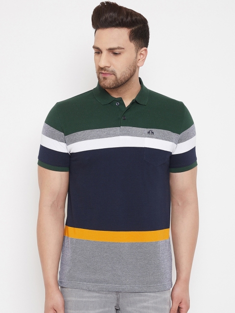 

98 Degree North Men Green Striped Polo Collar T-shirt