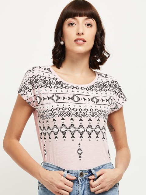 

max Women Pink Printed Round Neck T-shirt