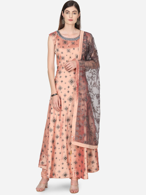 

BOMBAY SELECTIONS Women Peach-Coloured Embellished Kurta with Churidar & Dupatta