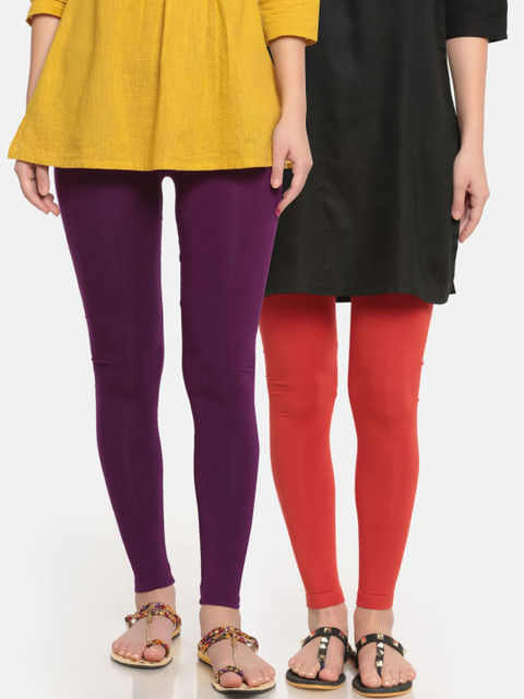 

De Moza Women Pack Of 2 Purple & Orange Solid Ankle-Length Leggings