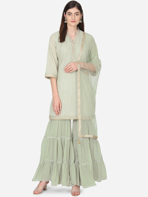 

BOMBAY SELECTIONS Women Green Woven Design Kurta with Palazzos & Dupatta