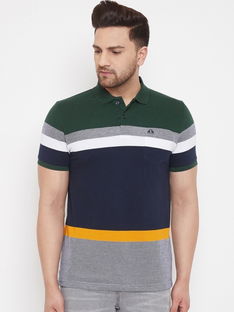 

98 Degree North Men Green Striped Polo Collar T-shirt