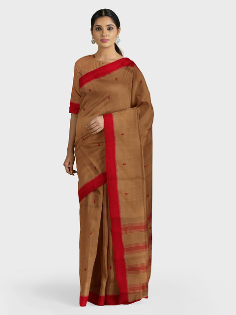 

APCO Brown & Red Pure Cotton Printed Handloom Saree
