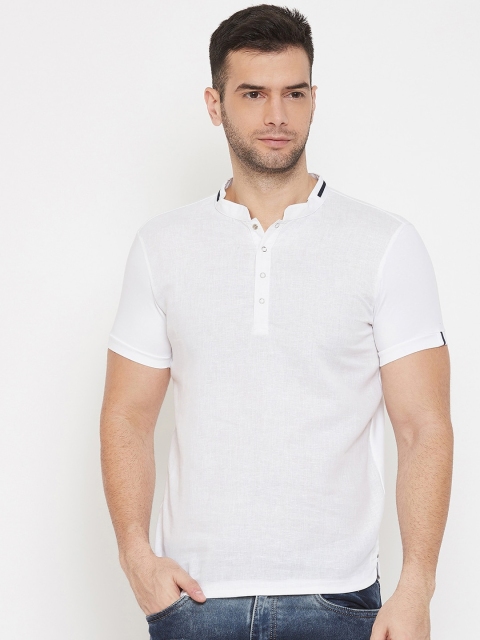 

QUBIC Men White Self Design Mandarin Collar T-shirt