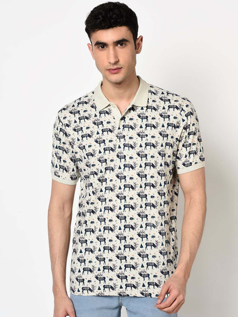 

Blackberrys Men Off-White & Navy Blue Printed Polo Collar Slim Fit T-shirt