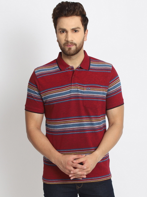 

98 Degree North Men Red Striped Polo Collar T-shirt