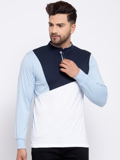 

Kalt Men White & Navy Blue Colourblocked Mandarin Collar T-shirt