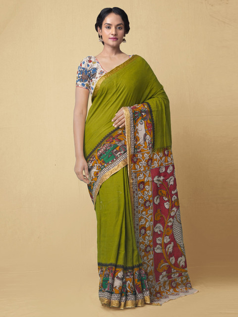 

Unnati Silks Green Pure Cotton Striped Kanjeevaram Saree