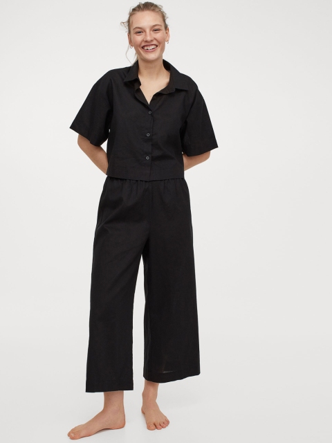 

H&M Women Black Solid Cropped Linen-Blend Pyjamas