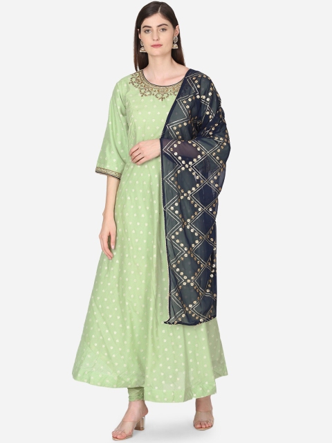 

BOMBAY SELECTIONS Women Green & Navy Blue Embroidered Kurta with Churidar & Dupatta