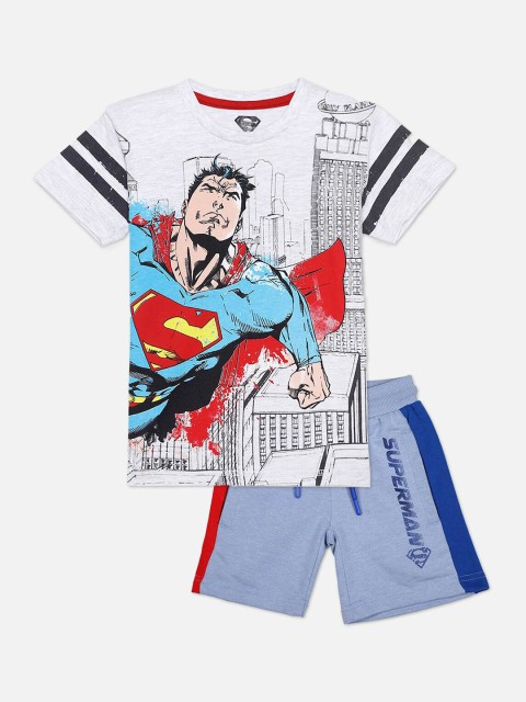 

Kids Ville Boys White & Blue Superman Printed T-shirt with Shorts