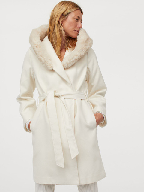 

H&M Women White Solid Hooded Coat